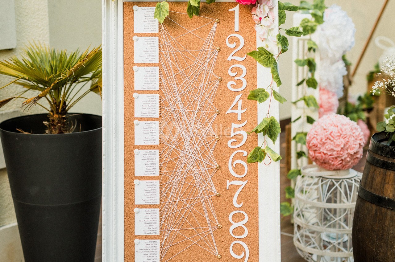 Panneau en liège avec des numéros et des fils reliant des cartes, décoré de fleurs et placé à l'extérieur.
