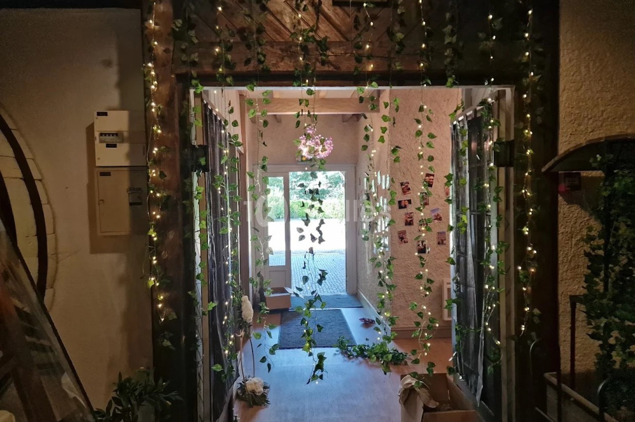 Entrée décorée de guirlandes lumineuses et de feuillages, avec une porte vitrée donnant sur l'extérieur en arrière-plan.