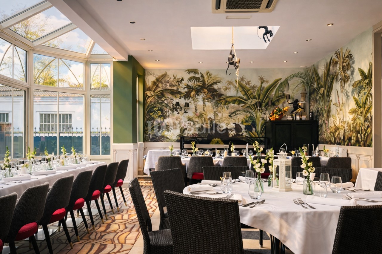 Salle de réception lumineuse avec tables dressées, chaises en osier, fresque murale tropicale et verrière.