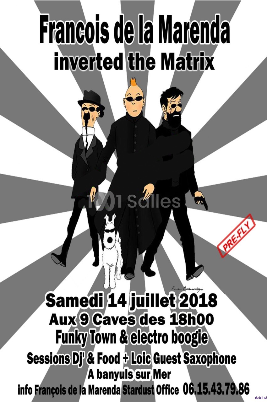 Affiche d'un événement musical avec trois personnages stylisés, un chien et des détails sur la date, le lieu et le programme.