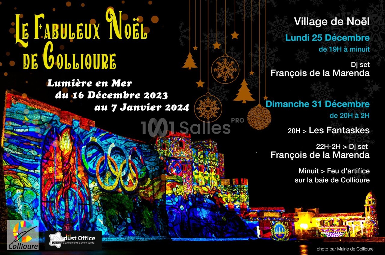 Affiche colorée annonçant les festivités de Noël à Collioure, avec spectacles, DJ et feu d'artifice en bord de mer.