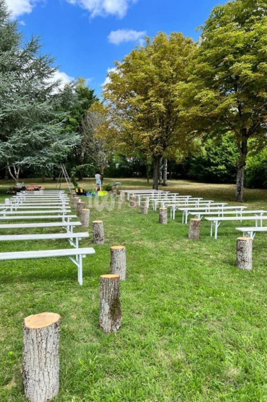 Bancs blancs alignés en extérieur sur une pelouse entourée d'arbres, avec des troncs d'arbres servant de décor.