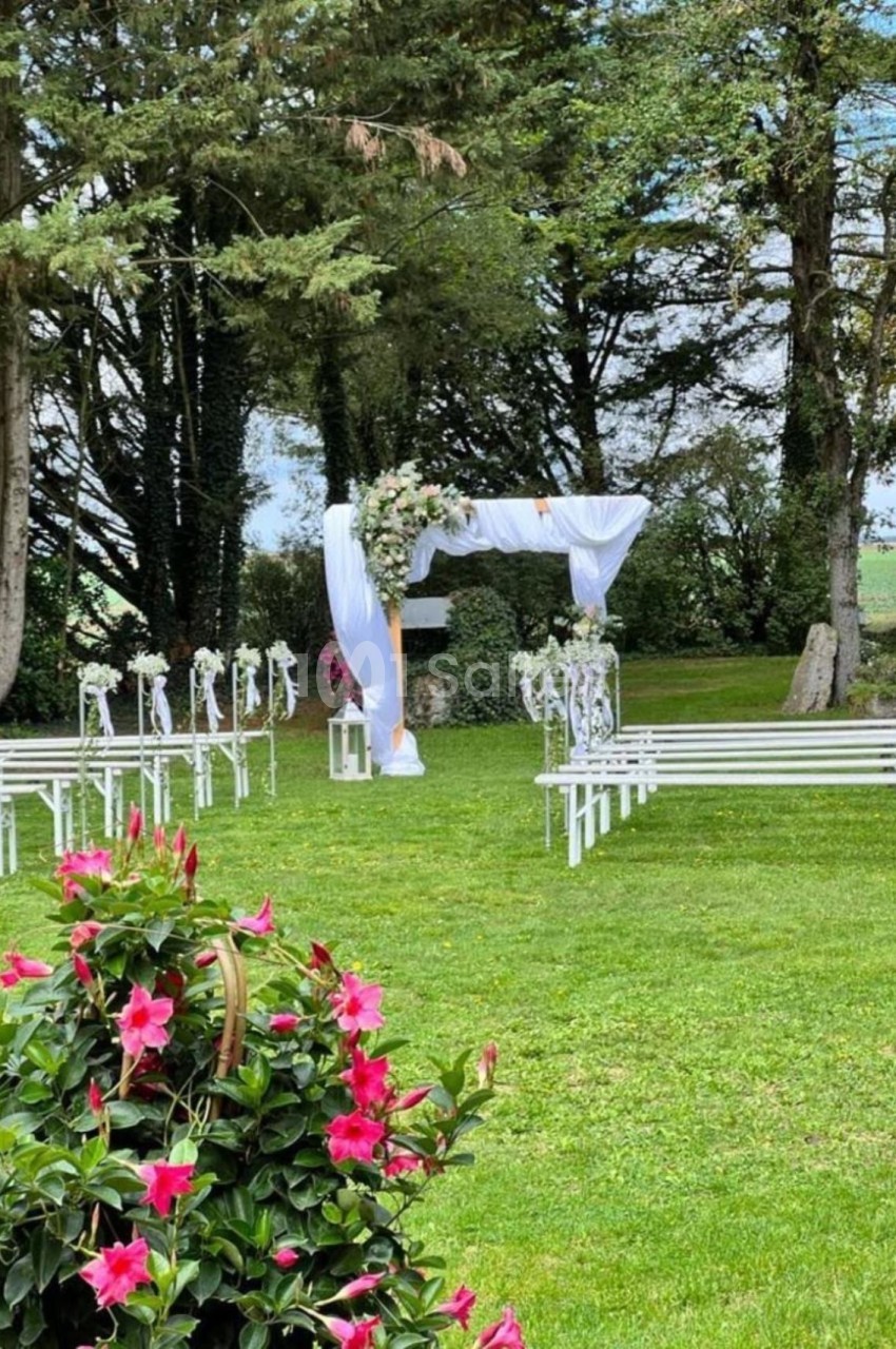 Allée de bancs blancs menant à une arche de mariage décorée de fleurs, installée dans un jardin verdoyant.