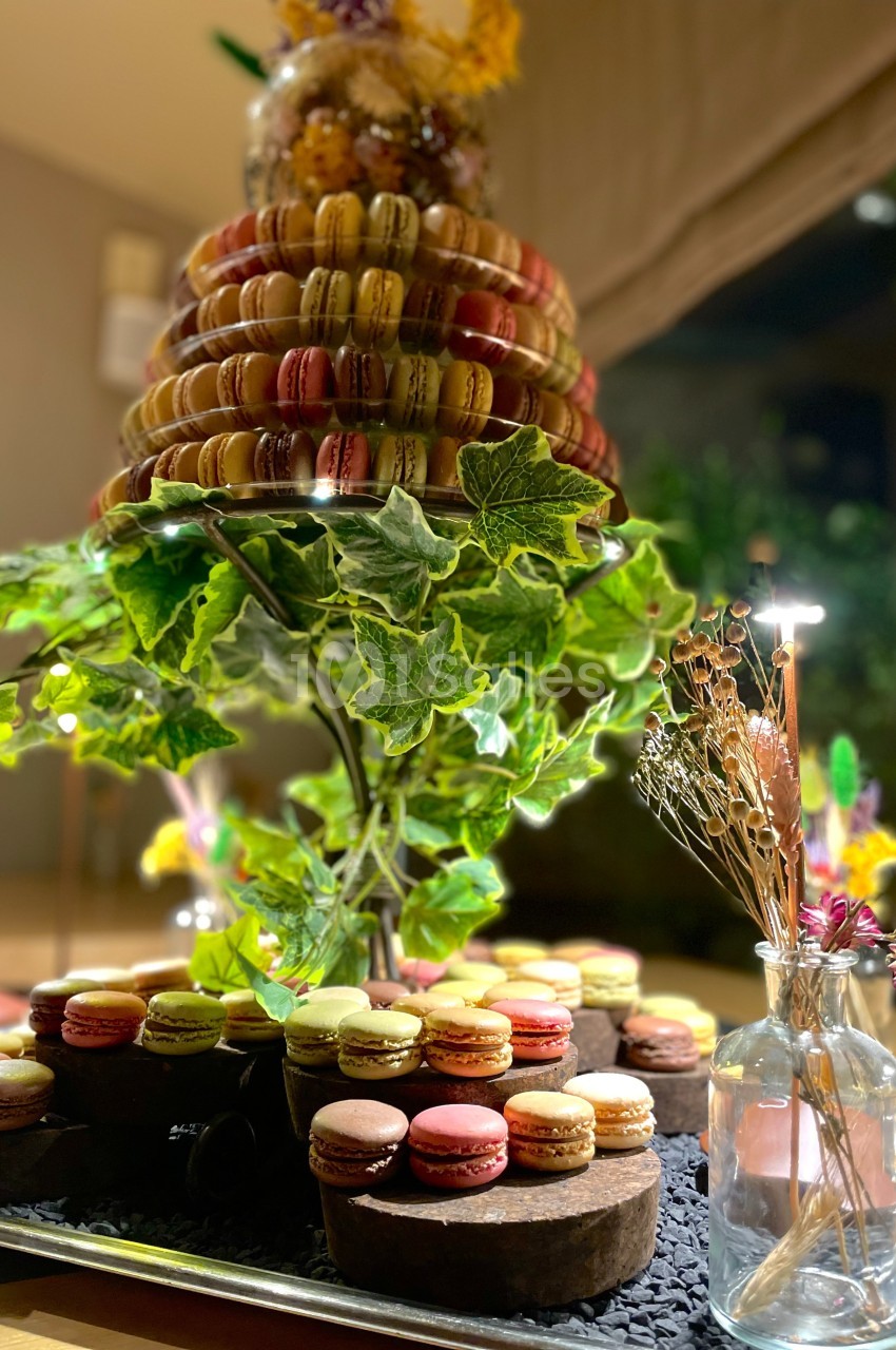 Tour de macarons colorés sur un présentoir décoré de feuillage, avec des fleurs séchées en arrière-plan.