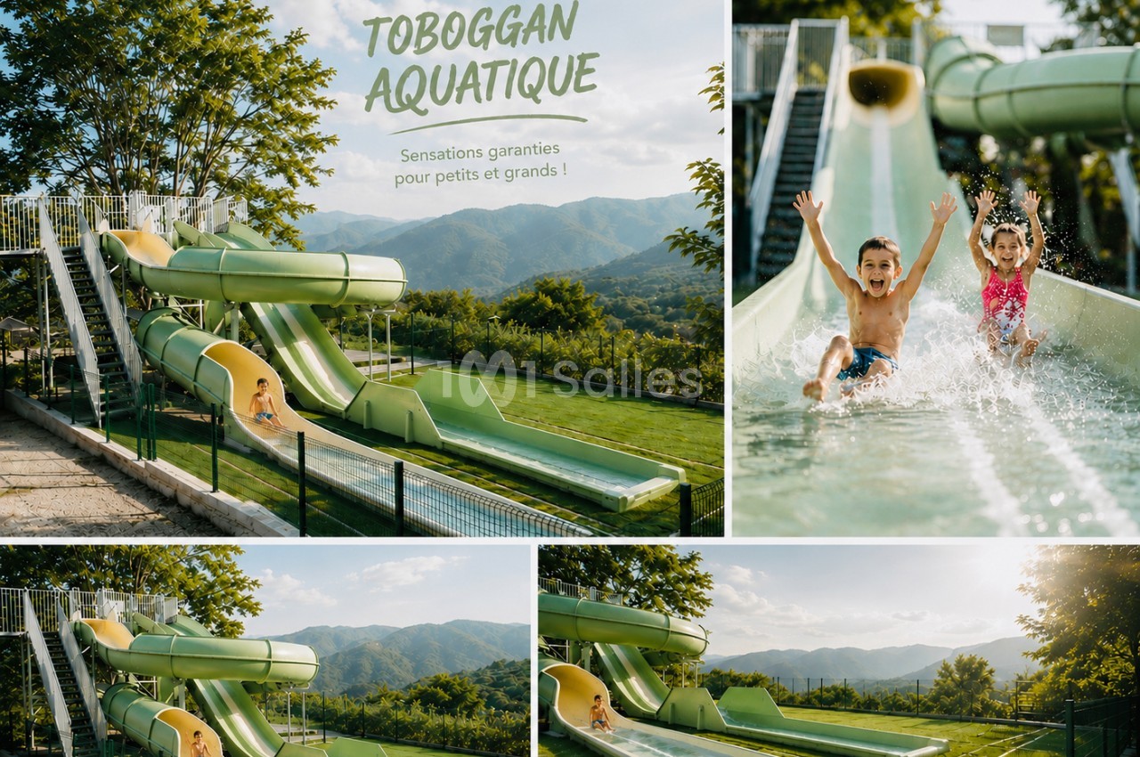Toboggan aquatique vert et jaune avec enfants glissant dans l'eau, montagnes en arrière-plan.