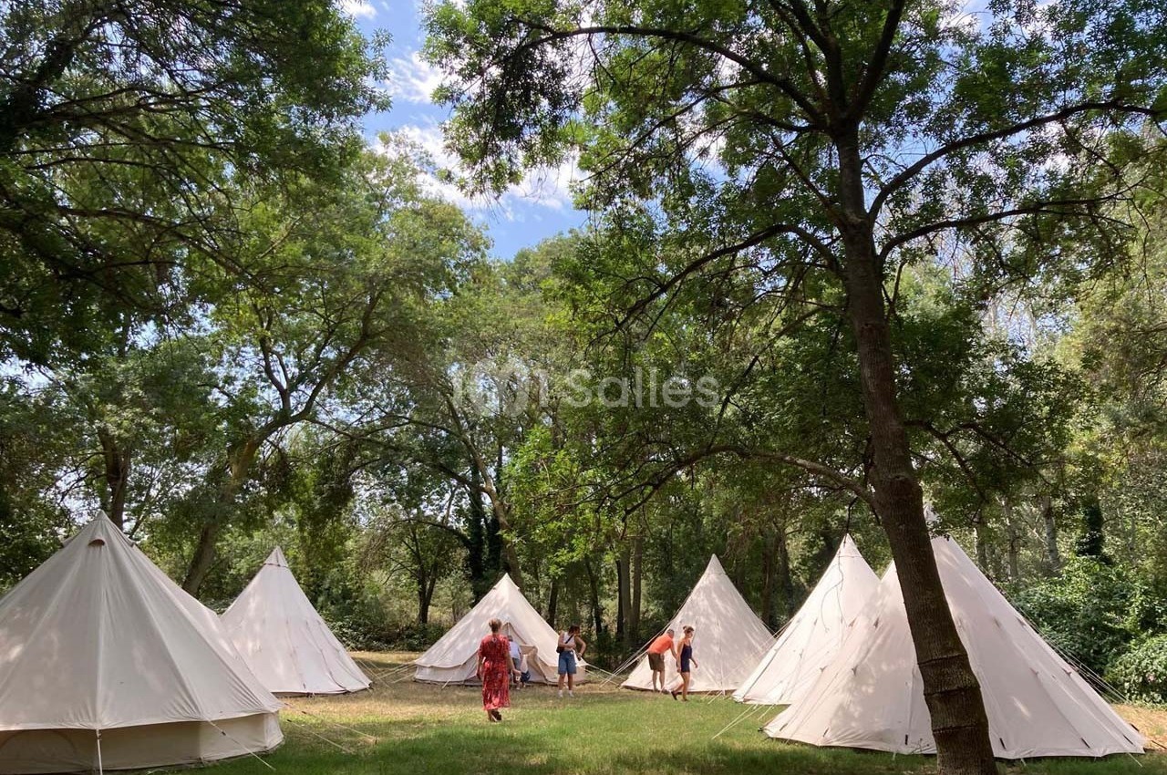 Tentes blanches installées dans une clairière ombragée, avec des personnes se déplaçant entre les arbres.