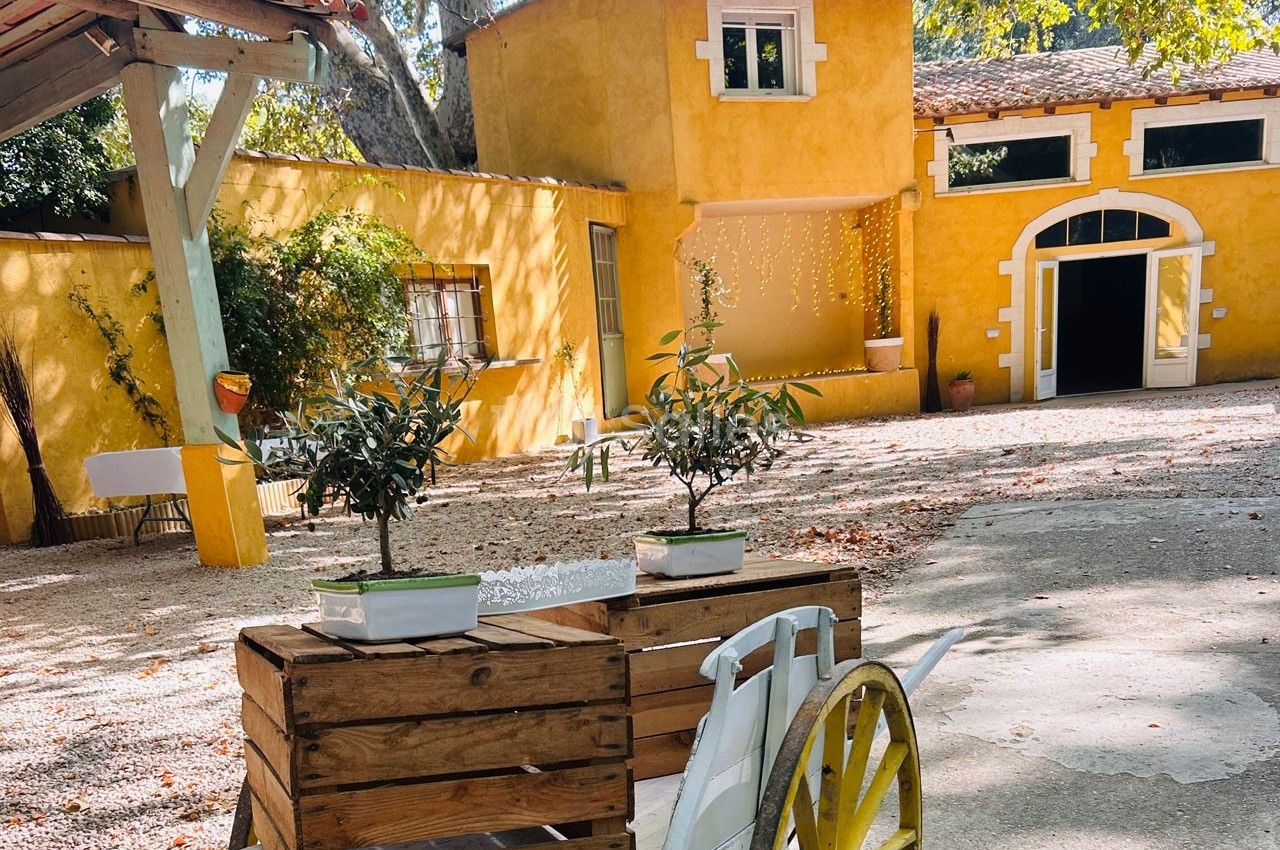 Cour d'une maison provençale jaune avec des oliviers en pot sur une charrette en bois, éclairée par une lumière douce.