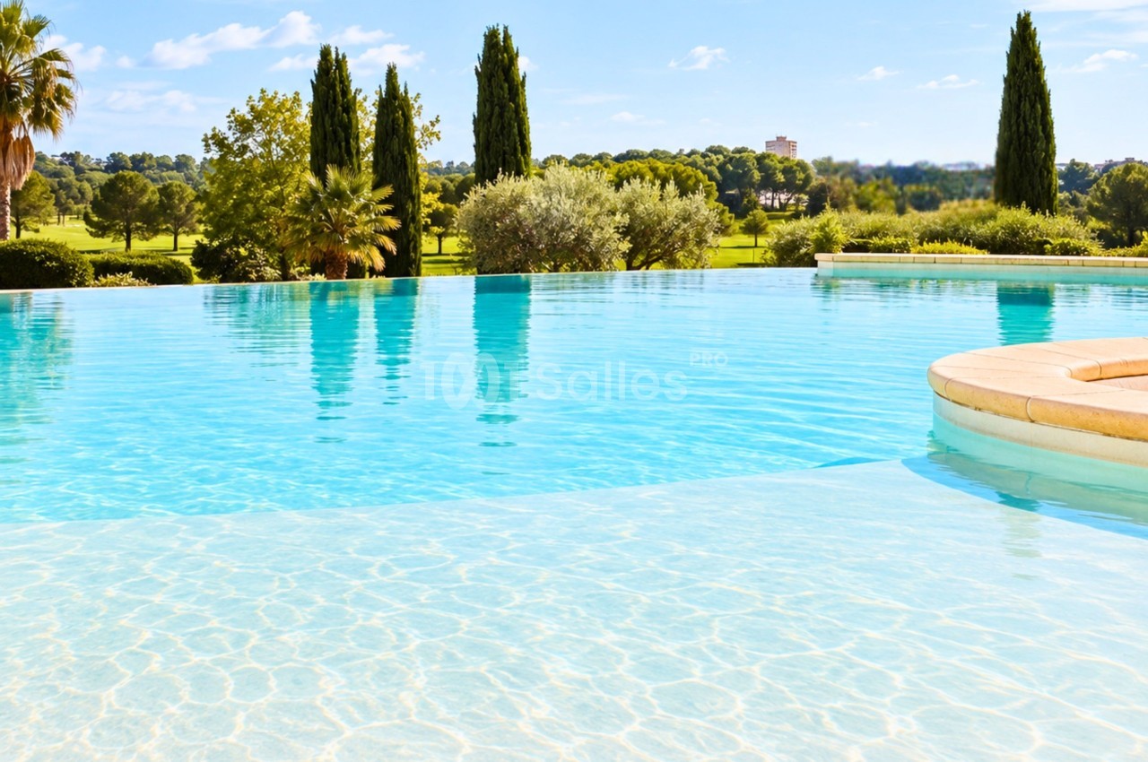 Piscine à débordement avec eau turquoise, vue sur parc arborisé et cyprès.