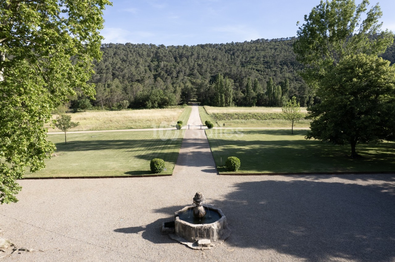 Allée centrale bordée de pelouses et d'arbres, avec une fontaine au premier plan et une forêt en arrière-plan.