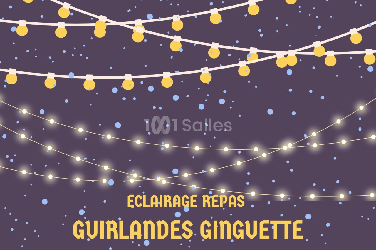 Guirlandes lumineuses suspendues avec des ampoules rondes jaunes et blanches sur fond violet étoilé.