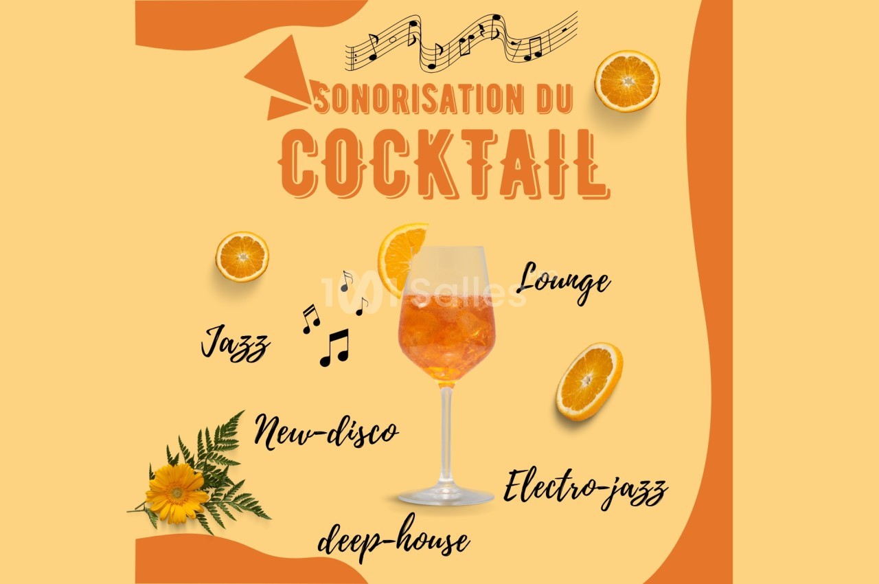 Illustration d'un verre de cocktail entouré d'oranges, de notes de musique et de styles musicaux comme jazz et lounge.