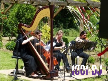 Musiciens jouant de la harpe, du violoncelle et de la flûte en plein air dans un jardin décoré.