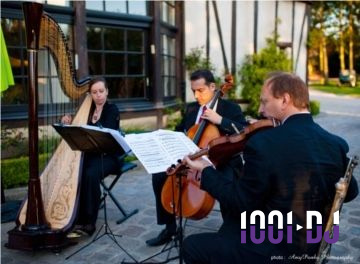 Musiciens jouant de la harpe, du violoncelle et de l'alto en extérieur, près d'un bâtiment vitré.