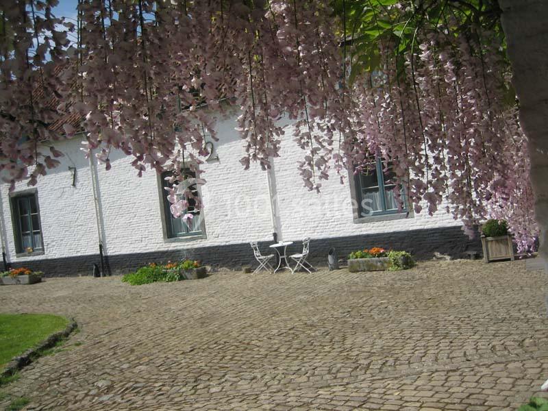 Façade blanche avec fenêtres, terrasse pavée, table et chaises blanches, fleurs suspendues et jardinières colorées.