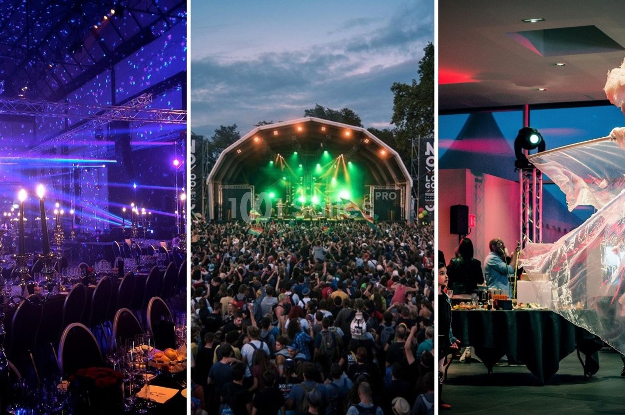 Montage d'images montrant une salle de gala illuminée, un concert en plein air et une performance artistique en intérieur.