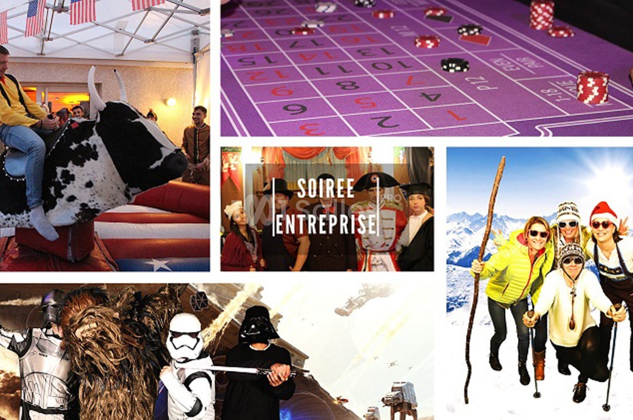 Montage d'activités festives incluant rodéo mécanique, casino, déguisements et photo en montagne enneigée.