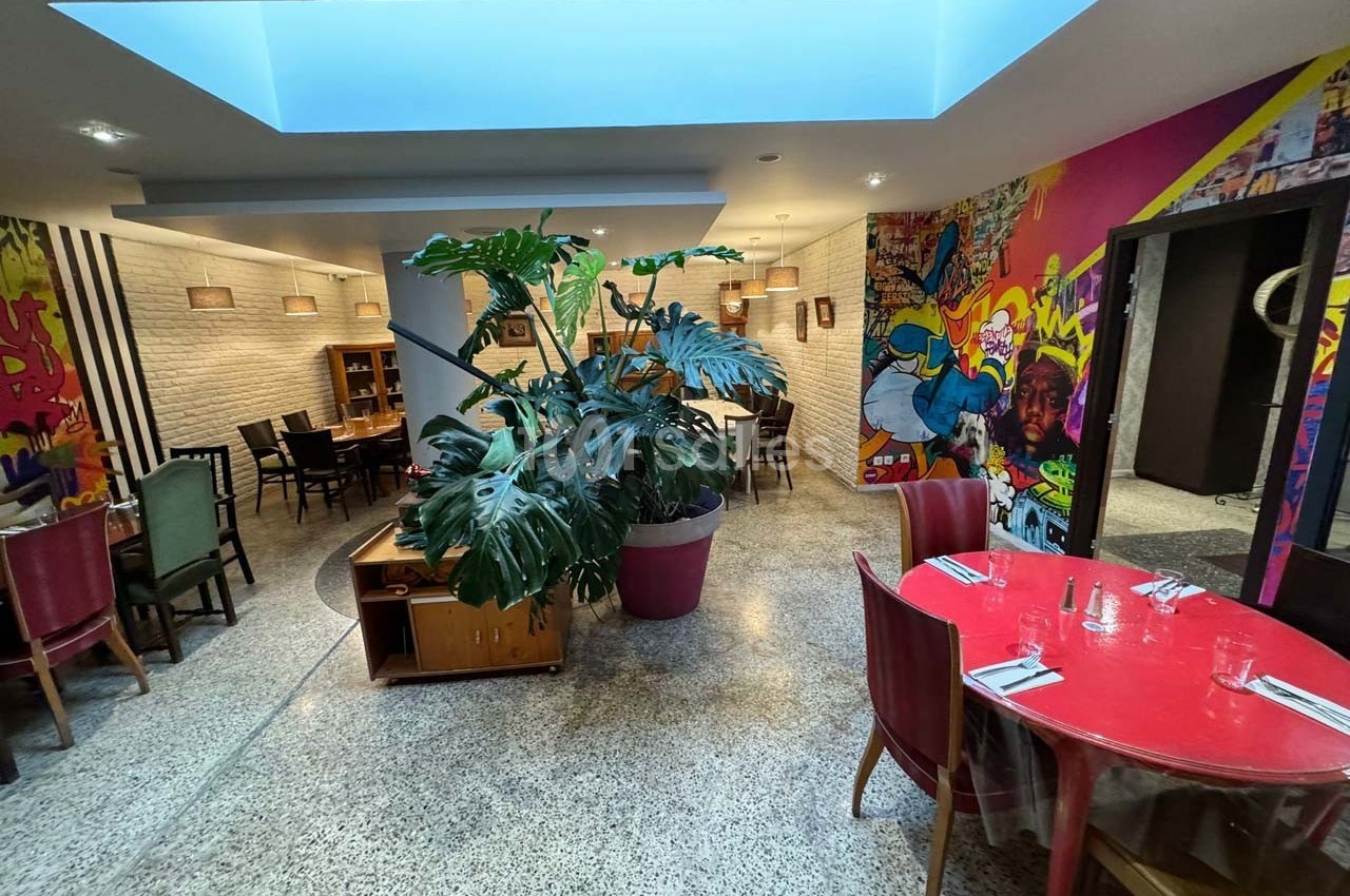 Salle de restaurant avec des tables colorées, une grande plante verte et des murs décorés de fresques artistiques.