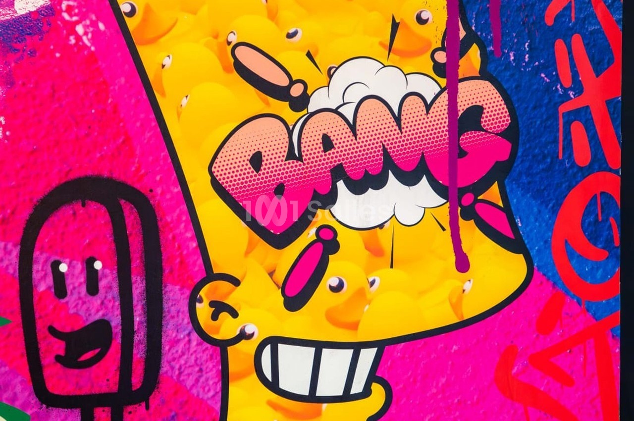 Illustration colorée de style graffiti avec un visage stylisé, des canards jaunes et le mot ’BANG’ en lettres vives.
