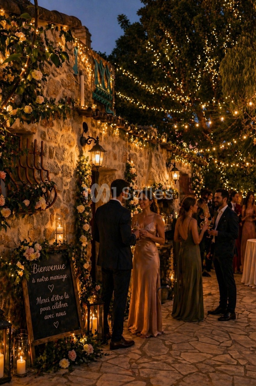 Invités discutant dans une cour éclairée par des guirlandes lumineuses lors d'une réception de mariage en soirée.