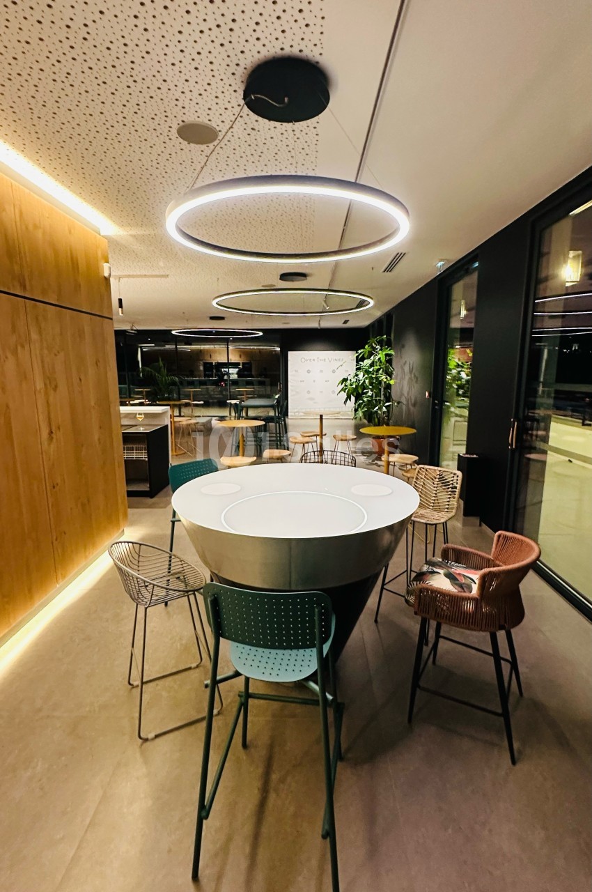 Salle moderne avec table ronde centrale, chaises variées, éclairage circulaire suspendu et grandes baies vitrées.