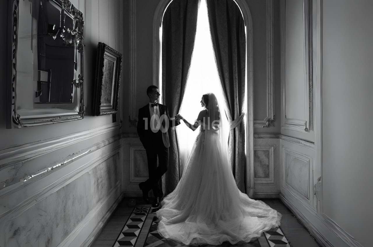 Un couple en tenue de mariage se tient près d'une grande fenêtre avec des rideaux, dans une pièce élégante.