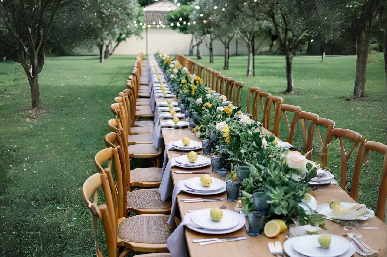 Table en bois longue dressée en extérieur, ornée de fleurs, citrons et vaisselle, entourée d'arbres et de verdure.