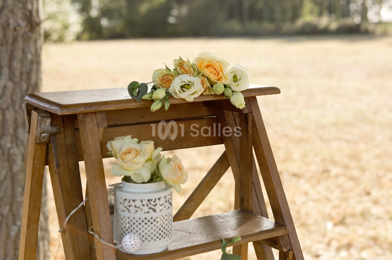 Bouquet de roses jaunes et blanches posé sur une échelle en bois dans un champ ensoleillé.