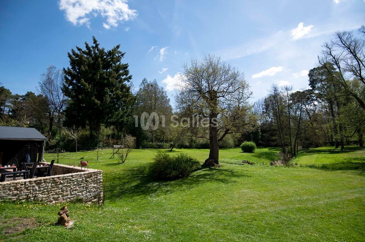 Jardin verdoyant avec pelouse, arbres et ciel bleu, une terrasse en pierre visible à gauche.
