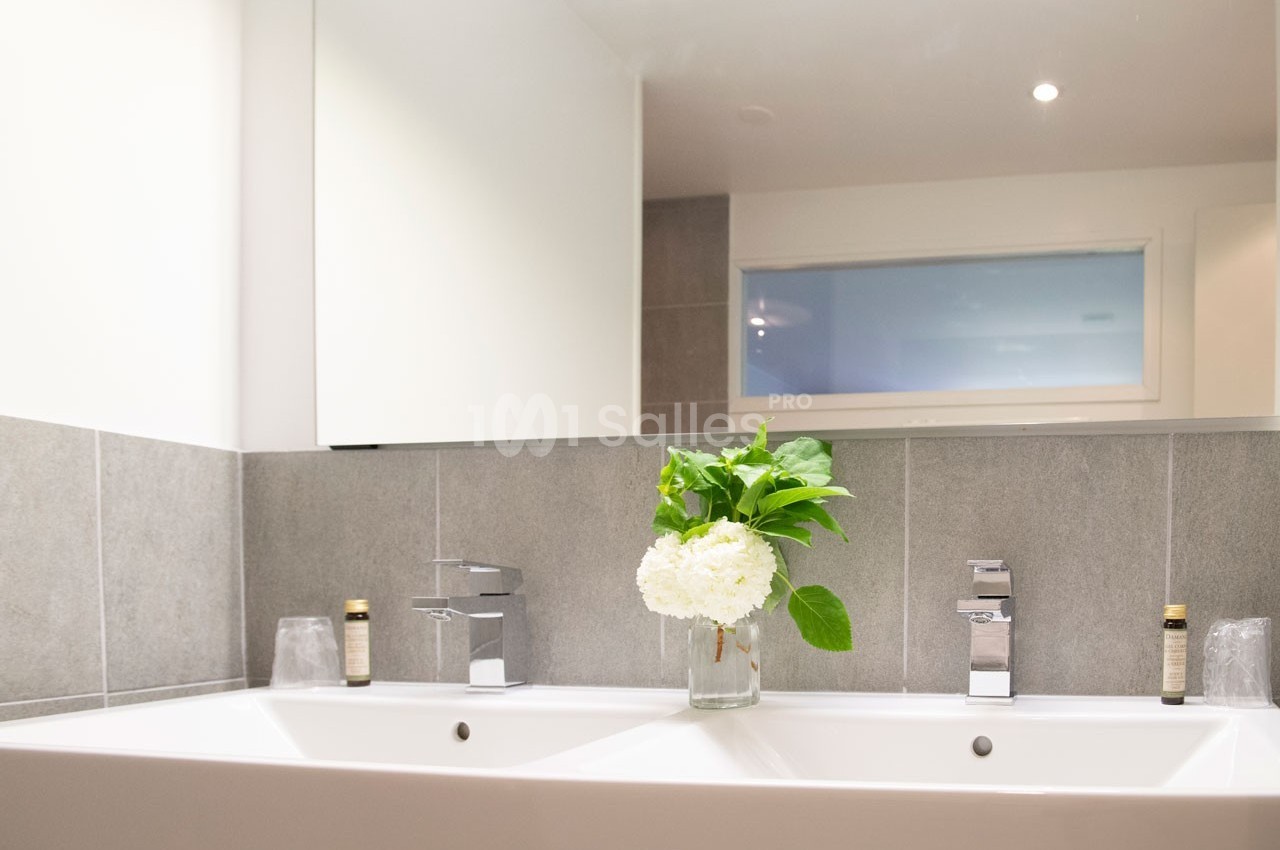 Double vasque avec robinetterie moderne, carrelage gris, miroir et vase contenant des fleurs blanches et vertes.