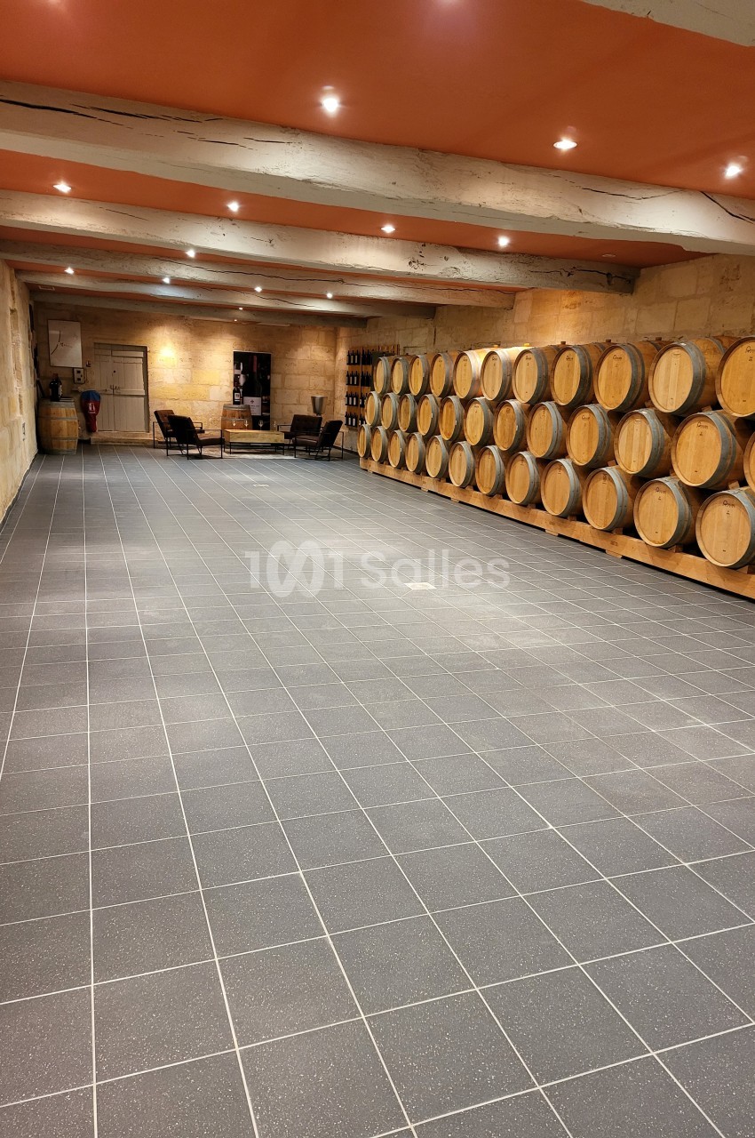 Salle de stockage avec des rangées de tonneaux en bois alignés contre un mur en pierre, éclairée par des spots au plafond.