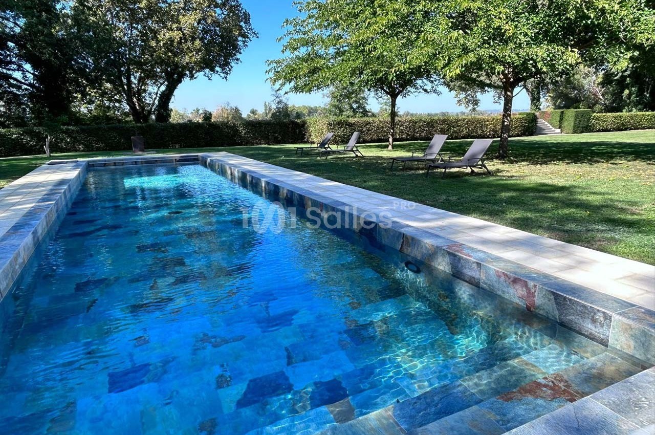 Piscine rectangulaire en pierre entourée de pelouse, avec chaises longues sous des arbres par une journée ensoleillée.