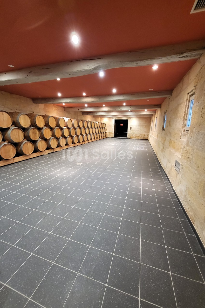 Salle de vieillissement avec des rangées de tonneaux en bois alignés contre un mur en pierre sous un plafond rouge.