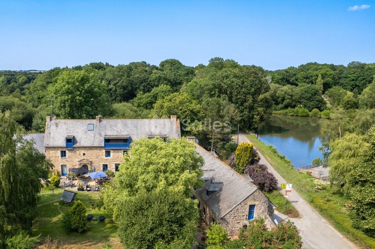 Vue aérienne d'un moulin en pierre entouré de verdure, près d'une rivière et d'un chemin bordé d'arbres.