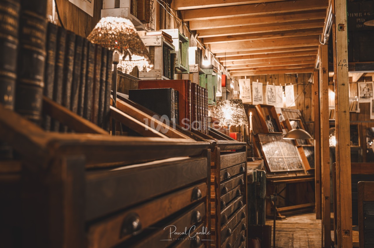 Intérieur d'une librairie ancienne avec des étagères en bois remplies de livres et des lampes diffusant une lumière…