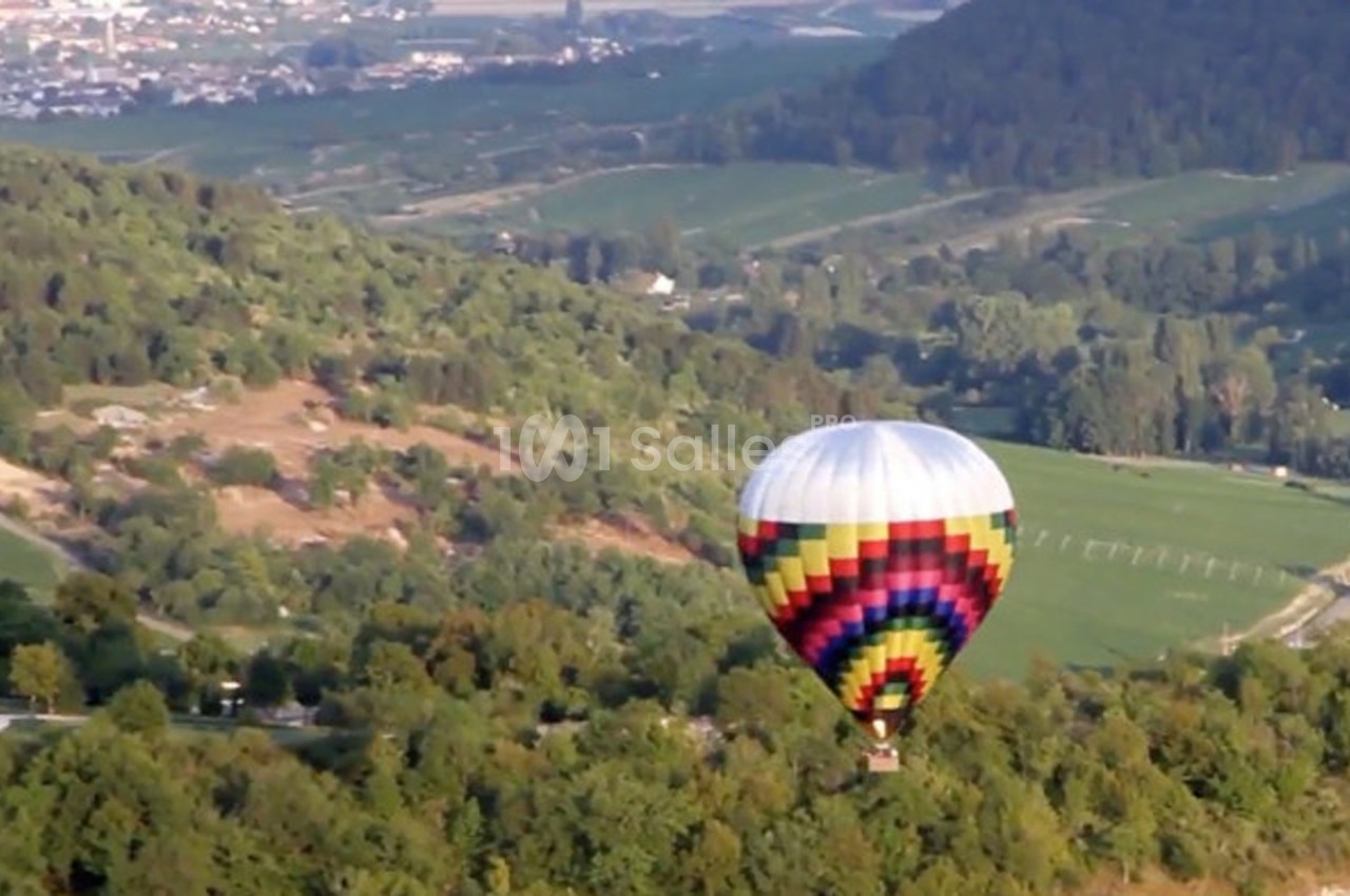 Montgolfière colorée survolant un paysage verdoyant avec collines, champs et quelques habitations au loin.
