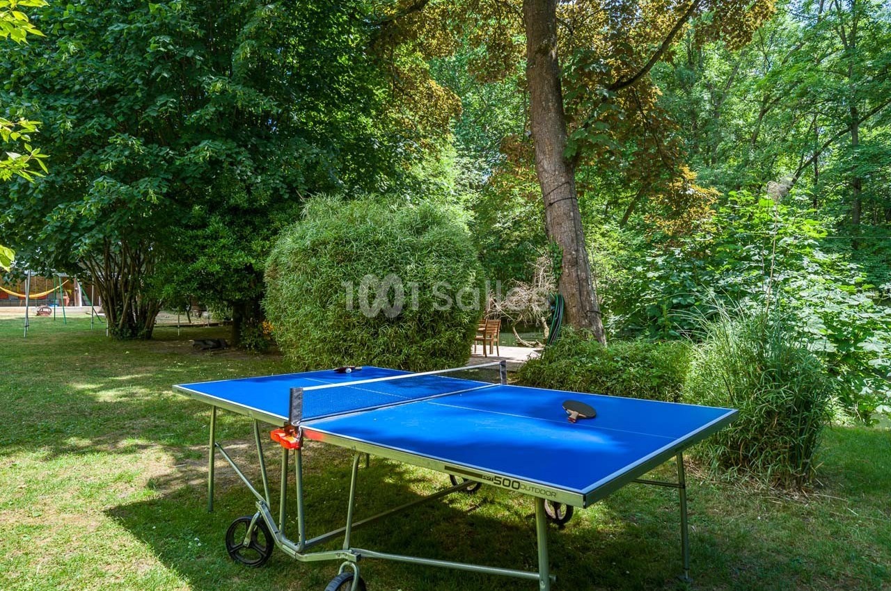 Table de ping-pong bleue installée dans un jardin verdoyant, entourée d'arbres et de buissons.