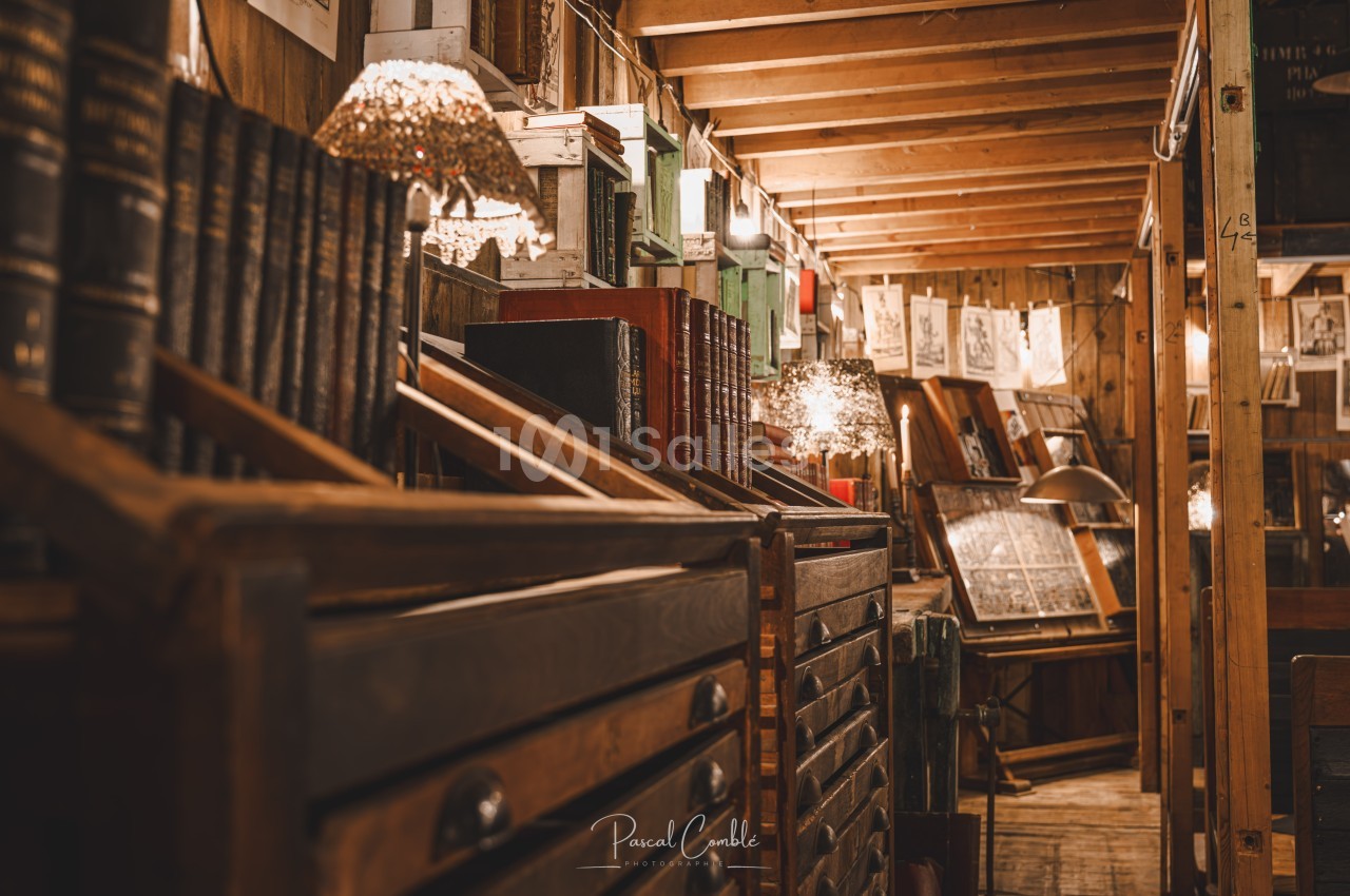 Intérieur d'une librairie ancienne avec des étagères remplies de livres et des lampes diffusant une lumière chaleureuse.