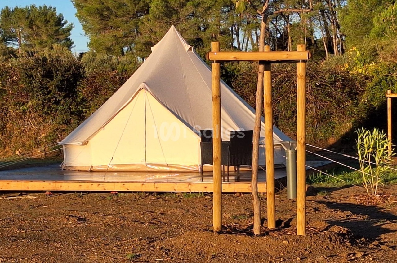 Tente blanche de style glamping sur une plateforme en bois, entourée de végétation et de jeunes arbres.