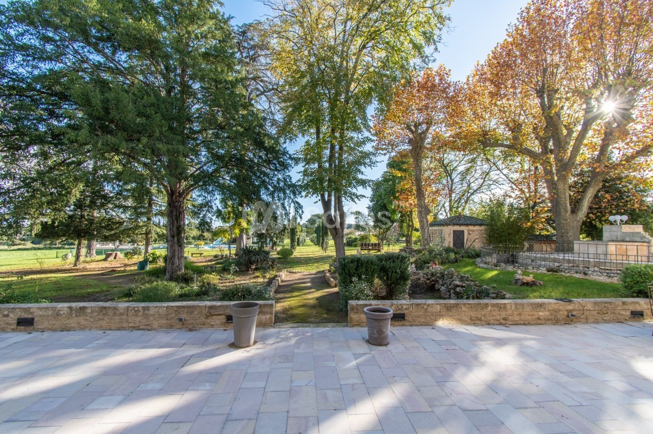 Terrasse en pierre donnant sur un jardin arboré avec pelouse, allées et arbres aux feuilles d'automne.