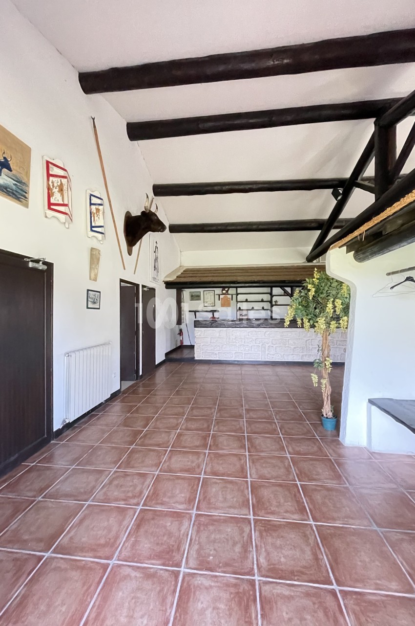 Hall d'entrée avec comptoir d'accueil, plafond en poutres apparentes, murs décorés et sol en carrelage.