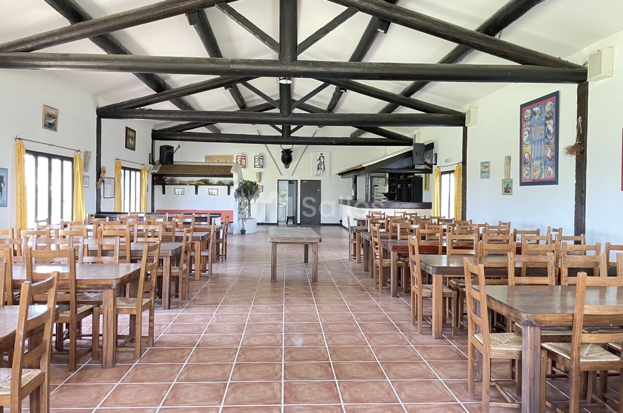 Salle spacieuse avec des tables et des chaises en bois, carrelage au sol et poutres apparentes au plafond.