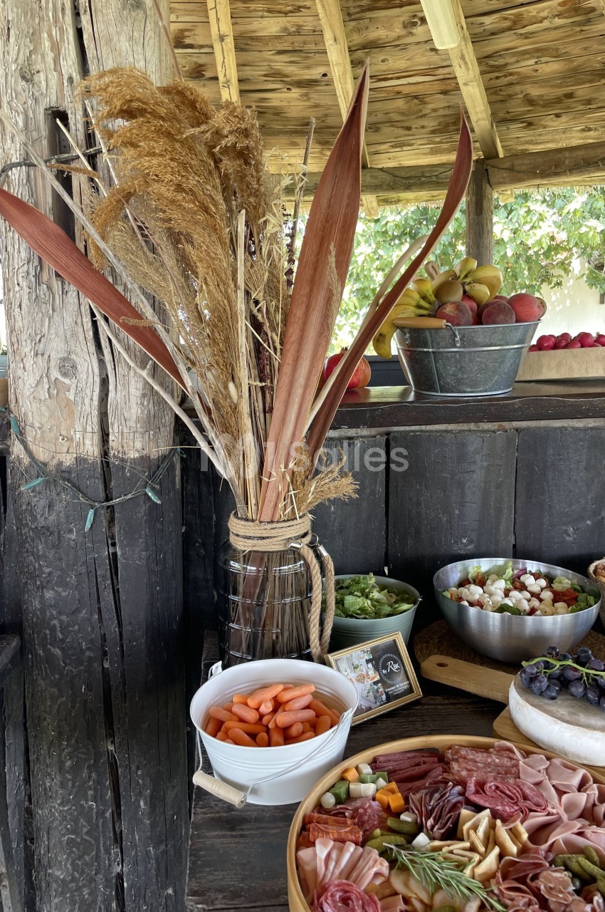 Plateau de charcuterie et légumes frais sur une table en bois, avec des fruits et une décoration végétale en arrière-plan.