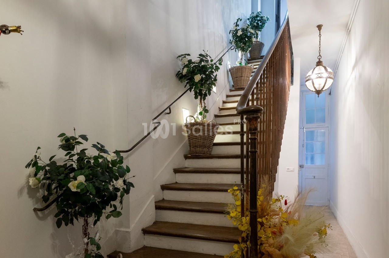 Escalier en bois avec rampe métallique, décoré de plantes en pots et éclairé par une suspension lumineuse.