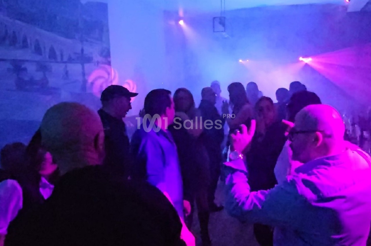 Des personnes dansent et discutent dans une ambiance de soirée avec éclairages colorés et fumée.
