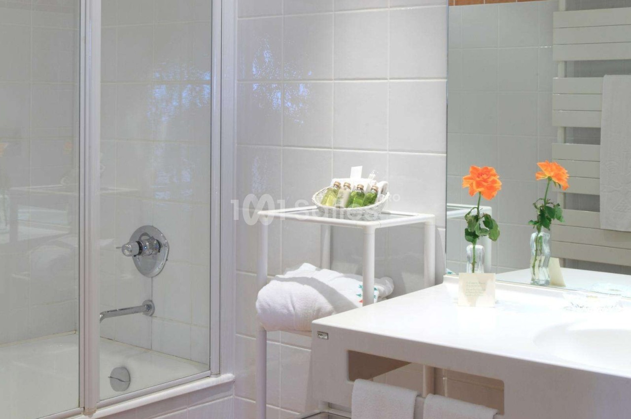 Salle de bain lumineuse avec douche vitrée, lavabo, serviettes pliées, produits de toilette et fleurs décoratives.
