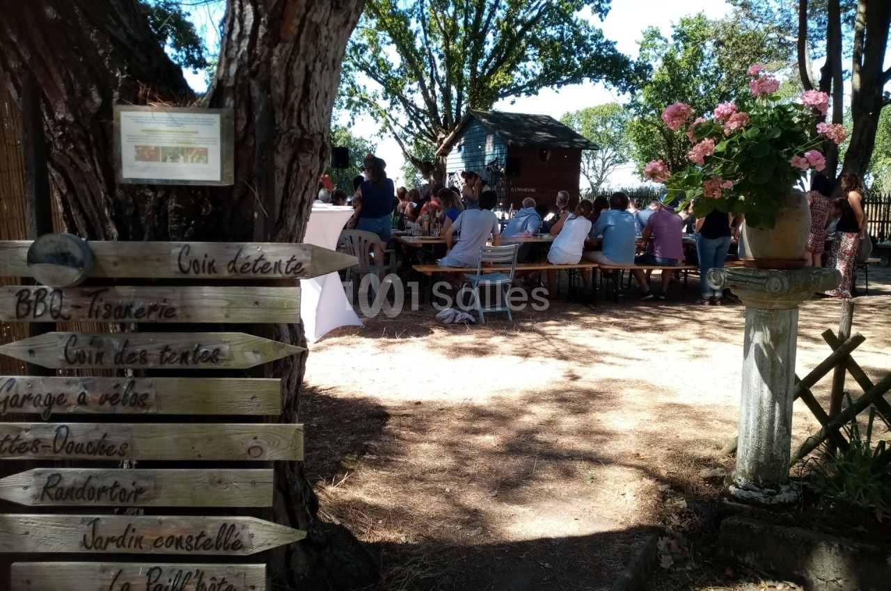 Groupe de personnes assises à des tables en plein air sous des arbres, avec des panneaux en bois indiquant diverses…