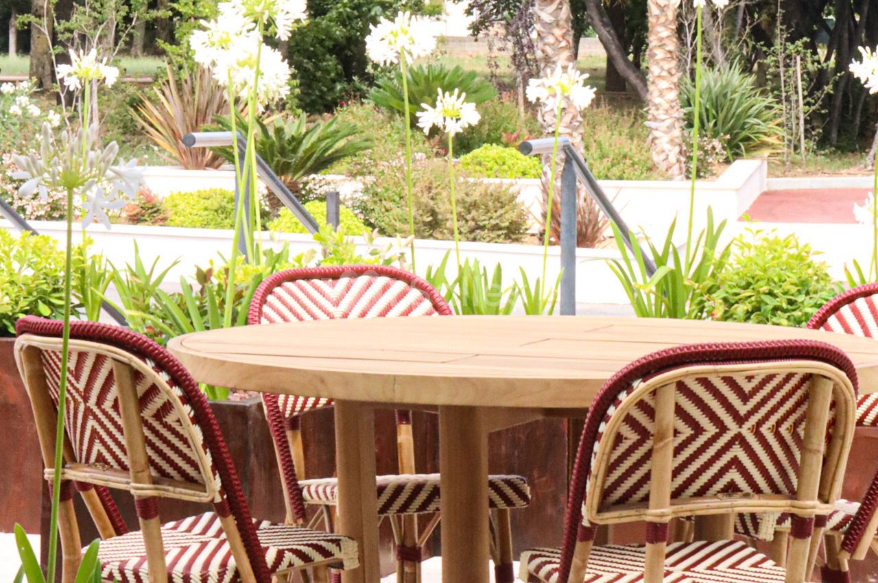 Table ronde en bois entourée de chaises à motifs rouges et blancs, située dans un jardin avec des plantes et des fleurs.