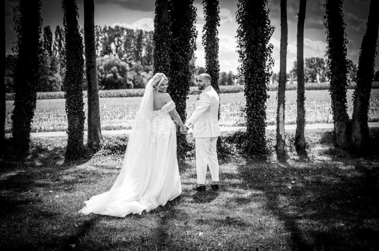 Un couple de mariés se tient la main dans un parc ombragé, entouré d'arbres, sous un ciel légèrement nuageux.
