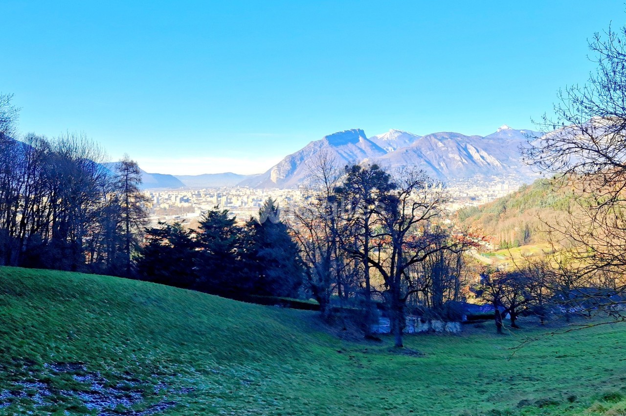 Vue d'une vallée verdoyante avec des arbres, des montagnes en arrière-plan et une ville visible au loin sous un ciel bleu.