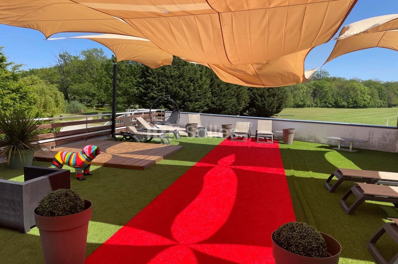 Terrasse extérieure avec pelouse artificielle, tapis rouge, chaises longues, parasols et vue sur un espace arboré.